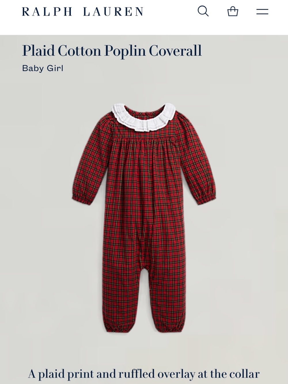 Ralph Lauren Red and Green Plaid Cotton Poplin Coverall